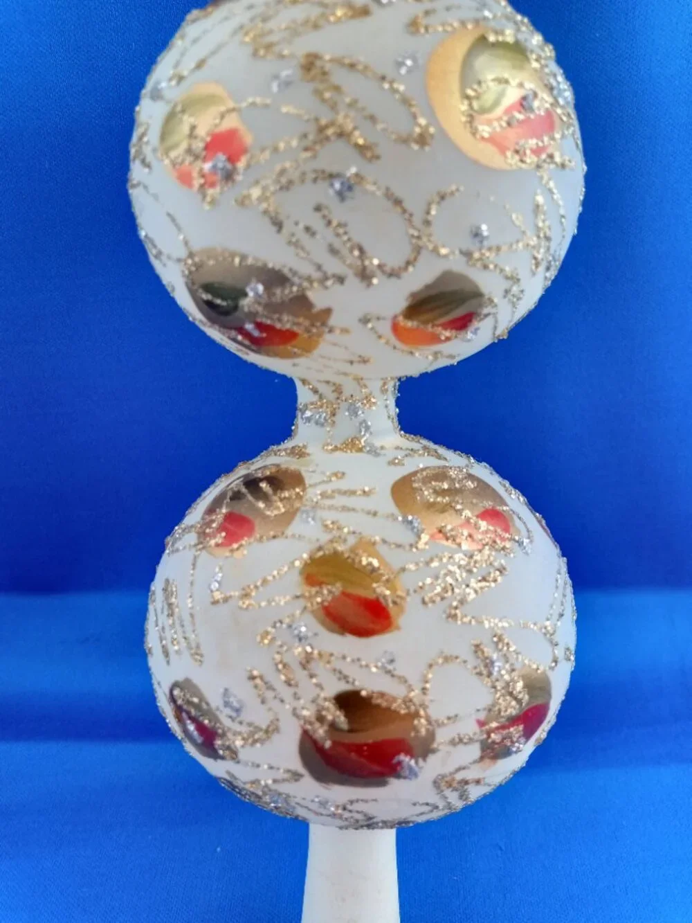 Vintage glass finial Christmas tree topper frosted white with gold glitter swirl